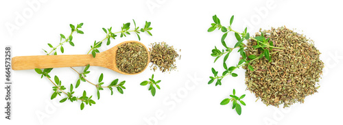 Dried thyme leaves in the wooden spoon, with fresh thyme isolated on white background. Top view
