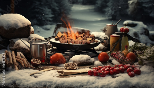 Picnic on the fire, against the background of the winter forest. Winter trip to nature. Food on griil  in winter. Cooking in nature. © Khrystyna Bohush