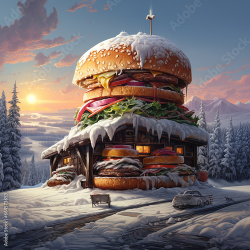 The original burger. Winter period. House in the form of food. Big burger in the forest in the snow. © Khrystyna Bohush