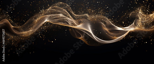 Abstract luxury shiny golden wave design element on black background. The golden color of a transparent smoky wave.