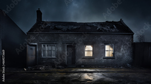 A derelict house stands alone in the night, its broken windows and boarded up doors an eerie reminder of its past 