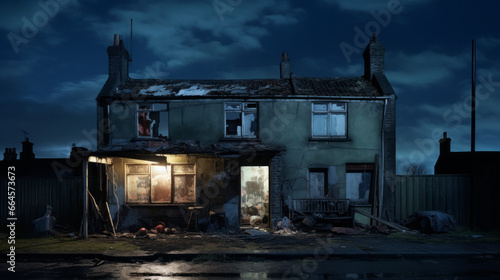 A derelict house stands alone in the night, its broken windows and boarded up doors an eerie reminder of its past 