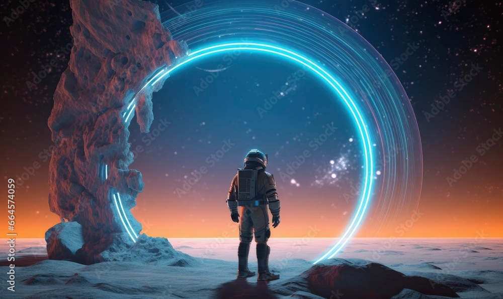 Astronaut in front of dimensional portal. Astronaut in front of dimensional portal.