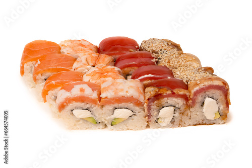 Sushi rolls with salmon, shrimp, eel, tuna.