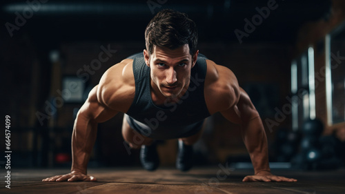 muscular man doing push - ups at gym