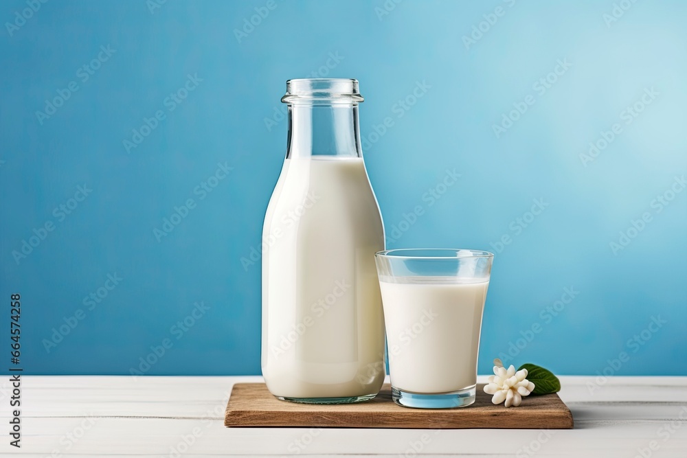 A bottle of milk and a glass of milk on a wooden table on a blue background. A bottle of milk and a glass of milk on a wooden table on a blue background.