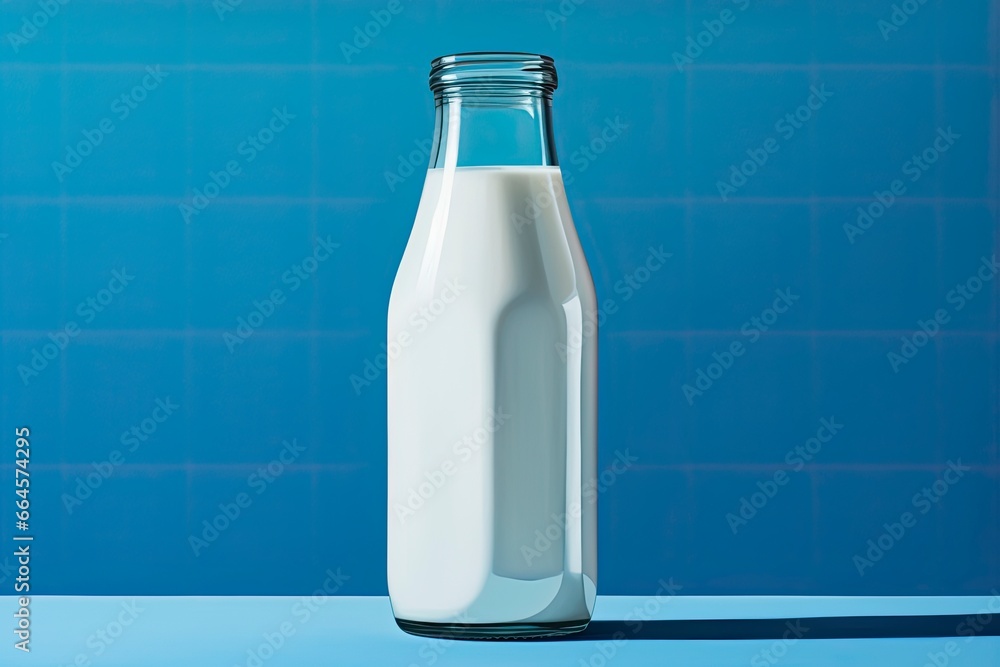 A glass bottle with full milk on blue background. A glass bottle with full milk on blue background.