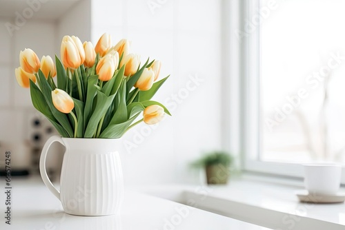 A bouquet of tulips on a white table. #664574248