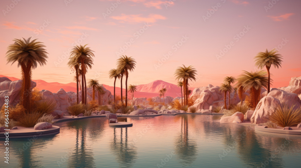 A desert oasis, with a few palm trees and a small pond surrounded by lush vegetation The sun is setting, and the sky is a blend of oranges and pinks