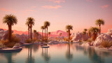 A desert oasis, with a few palm trees and a small pond surrounded by lush vegetation The sun is setting, and the sky is a blend of oranges and pinks