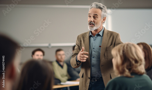 Professor, Teacher Man 55 years old with grey hair giving a lecture at university in big classroom at high school before many sitting students, Expert Does Motivational Talk.