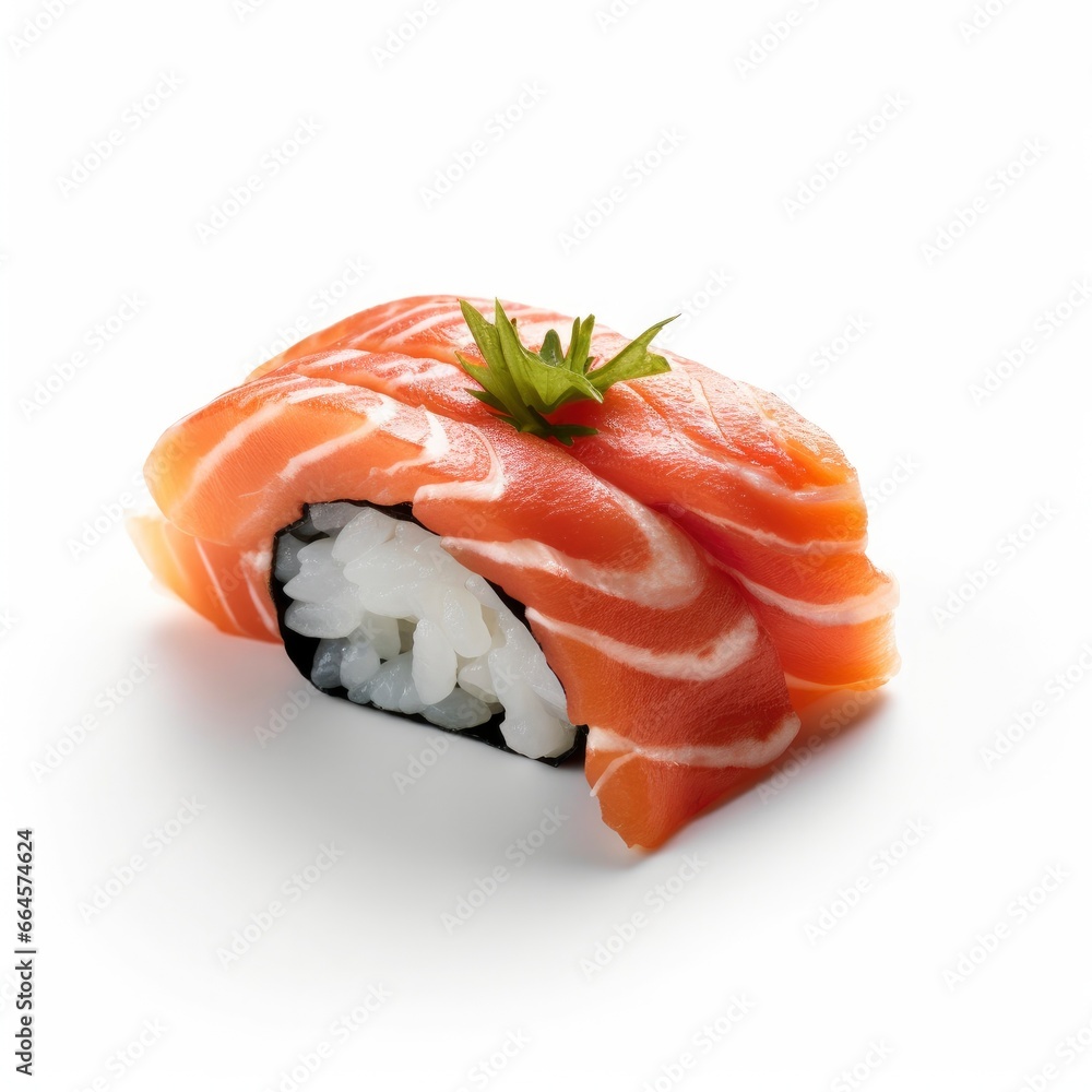 A sushi salmon on white background.