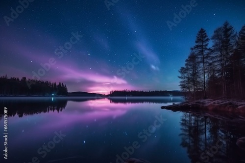 Scenic view of lake with blue and violet colors, illuminated by captivating northern lights in the sky. Generative AI