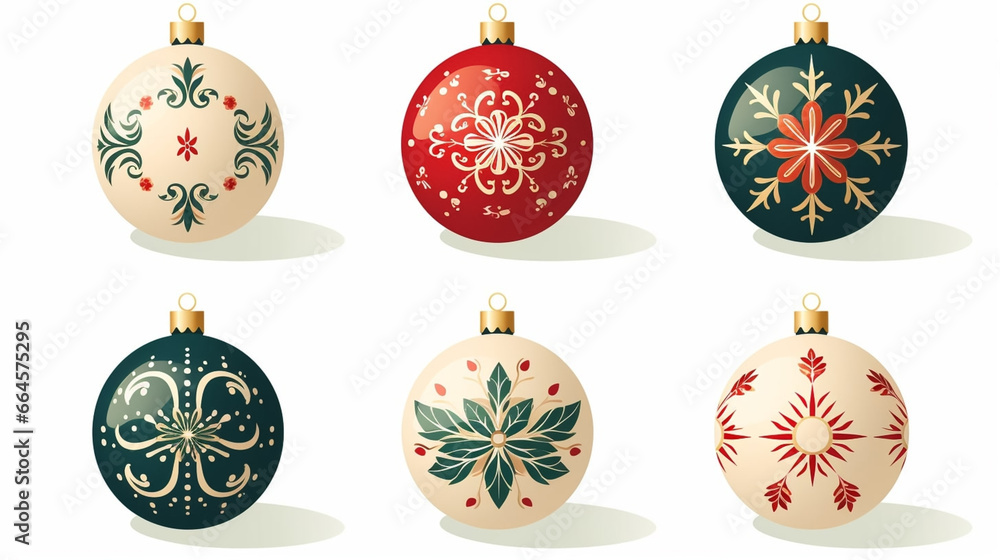 flat 2D vector illustration set, beautiful decorated christmas bauble isolated on white background. Set of beautiful Christmas decoration. Christmas elements, design for Christmas card, greeting card 