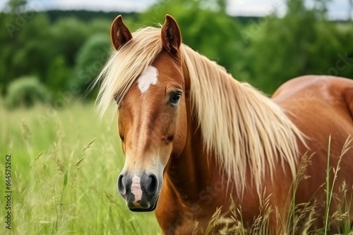 Brown horse with blond hair eats grass on a green meadow detail from the head. © MstHafija