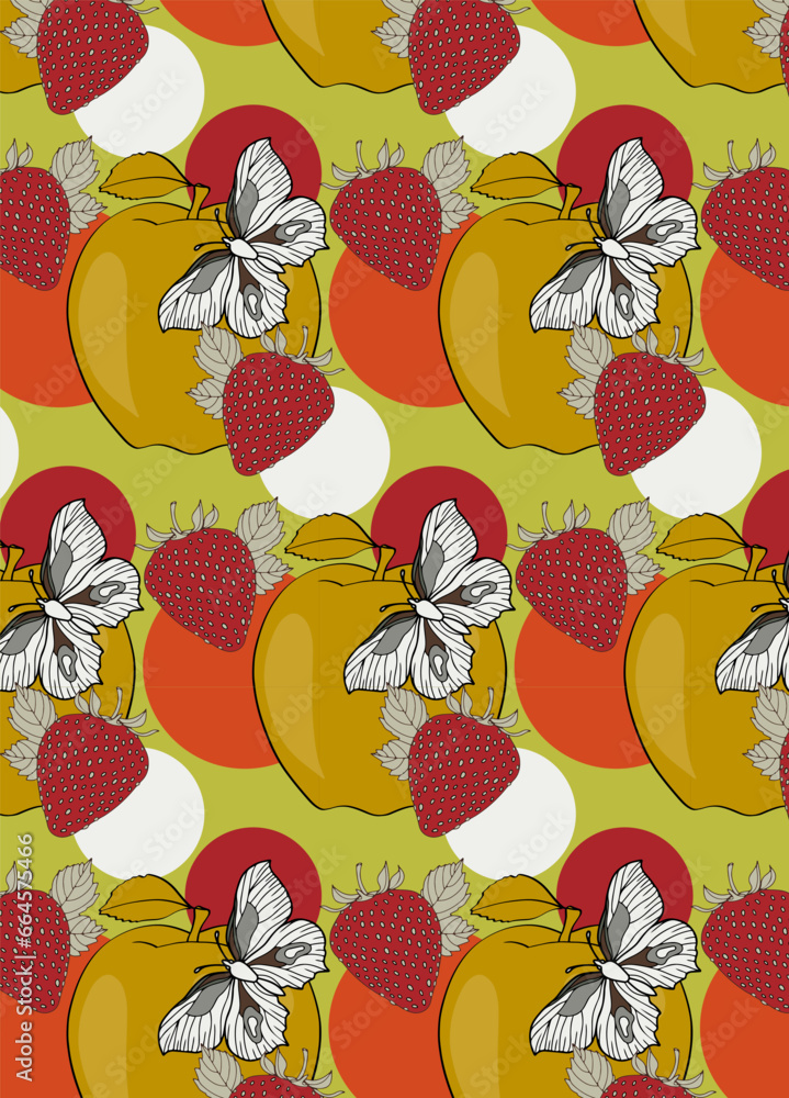 Seamless pattern with apples and strawberries on the green background. Seamless pattern with apples and strawberries on the green background.