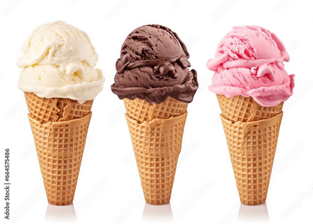 Chocolate, vanilla and strawberry Ice cream in the cone on white background. Chocolate, vanilla and strawberry Ice cream in the cone on white background.