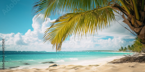 Tropical beach panorama view, coastline with palms, Caribbean sea in sunny day, summer time, 