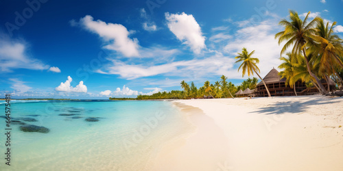 Tropical beach panorama view, Bungalows stay in Sea, coastline with palms, Caribbean sea in sunny day, Background of summer beach, white sand coastline...