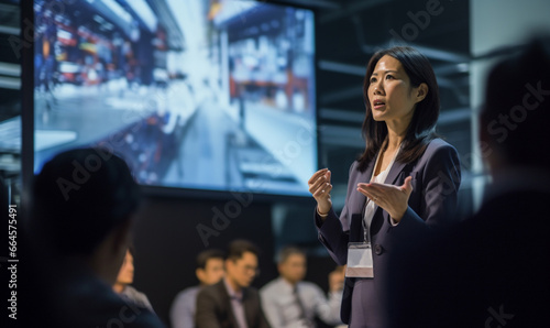 Asian Business Woman on stage at conference holding a presentation of a new product, Speaker having a lecture about digitization, engineering, sustainability, automation. photo