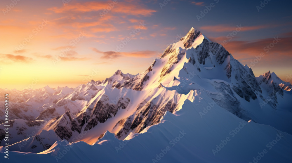 A distant mountain range stands tall against the horizon, its snow-capped peaks illuminated by the rays of the setting sun
