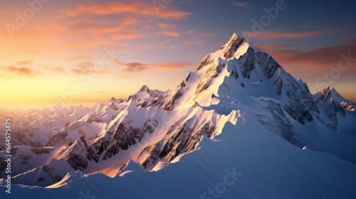A distant mountain range stands tall against the horizon, its snow-capped peaks illuminated by the rays of the setting sun