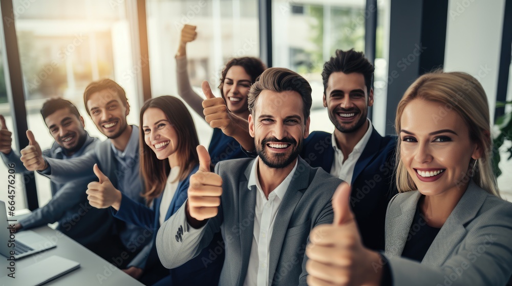 Happy, excited and diversity women and men in office teamwork, support or thank you portrait. Generative AI Happy, excited and diversity women and men in office teamwork, support or thank you portrait. Generative AI