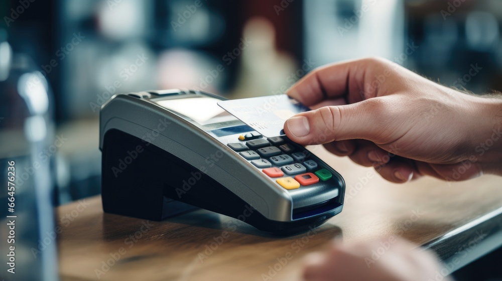 Close-Up of Hand with Credit Card Ready to Pay at a Point of Sale. Generative AI Close-Up of Hand with Credit Card Ready to Pay at a Point of Sale. Generative AI