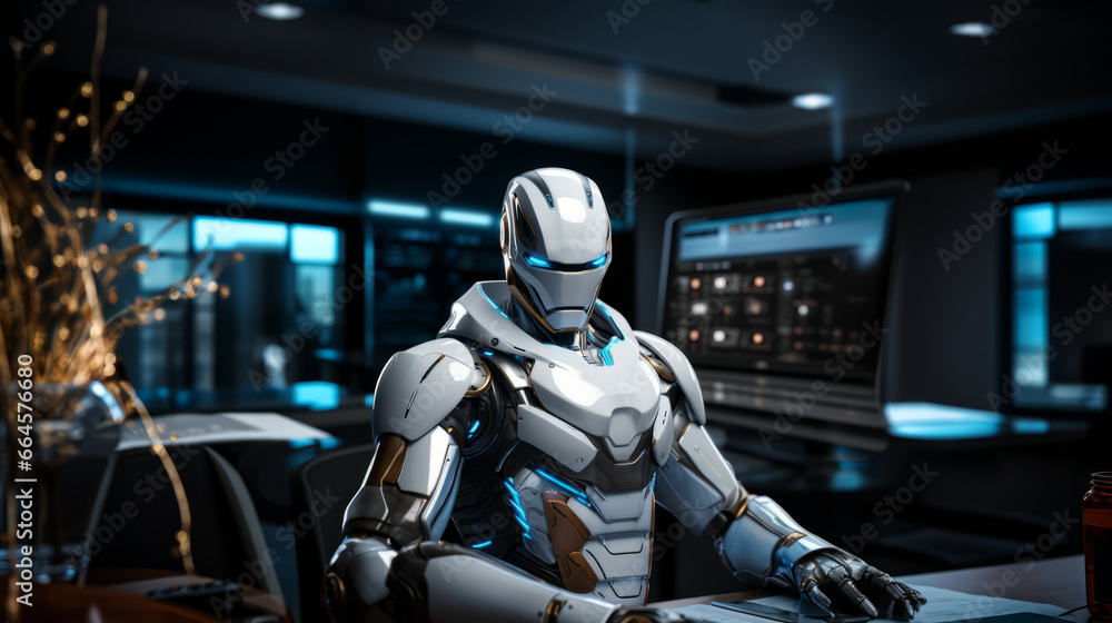 Serious looking robot sitting at office desk. Made with Generative AI. Serious looking robot sitting at office desk. Made with Generative AI.