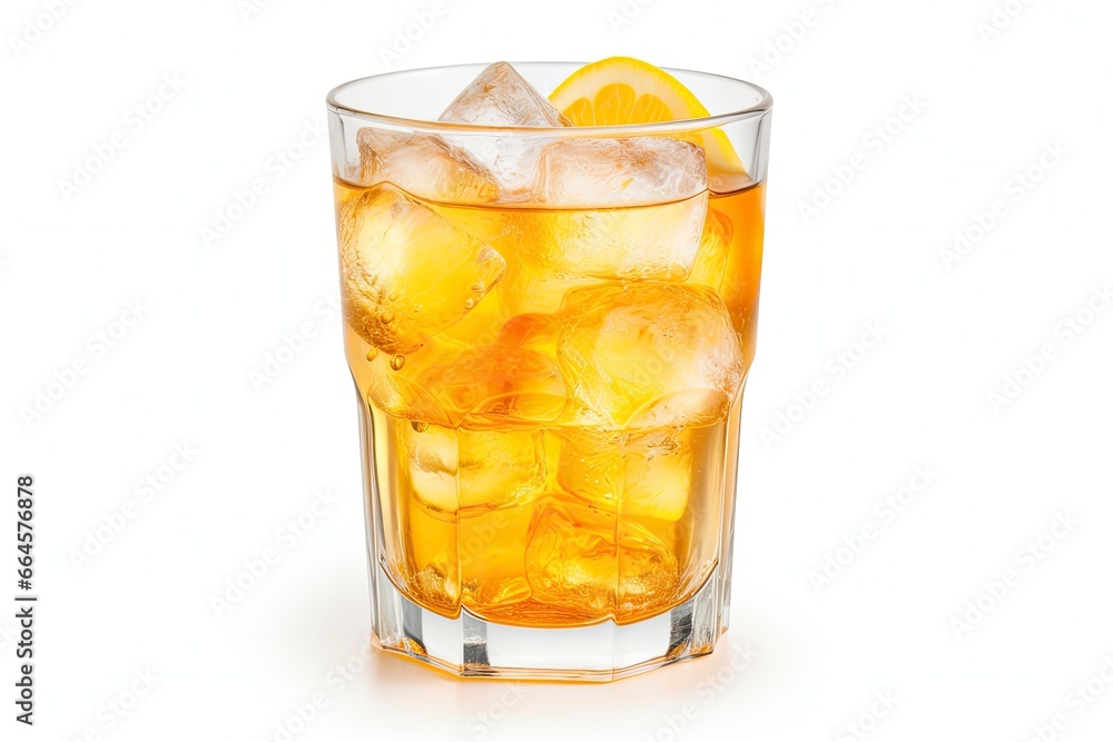 A glass of orange soda water with ice cubes on white background. A glass of orange soda water with ice cubes on white background.