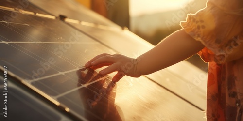 A Close-Up of a Child and Mother's Hands Touching Solar Panels, Embracing Eco-Friendly Green Energy