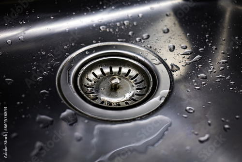 Drain in stainless steel sink with a mesh lid close-up photo