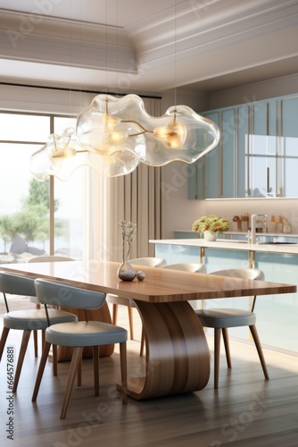 Elegant Light Blue Kitchen: Luxury Interior with Wooden Table Setting and Glass Pendant Lights © lublubachka