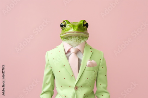Frog in a green jacket and pink tie