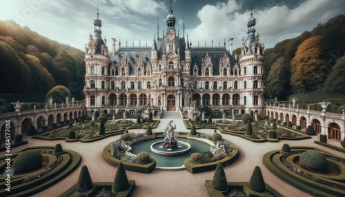 European castle, with sprawling gardens and fountains in the foreground. The castle's facade boasts elaborate sculptures, arched doorways, and tall turrets.