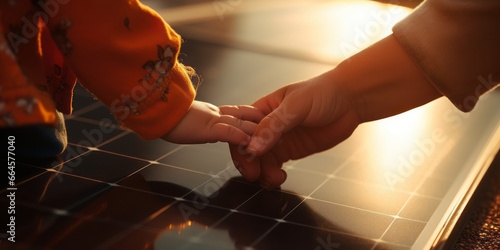 A Close-Up of a Child and Mother's Hands Touching Solar Panels, Embracing Eco-Friendly Green Energy