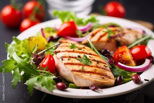 Grilled chicken breast with tomatoes, red pepper, organic green and kalamata olives.