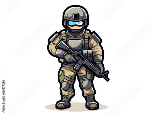 Doodle Soldier in combat gear, cartoon sticker, sketch, vector, Illustration, minimalistic