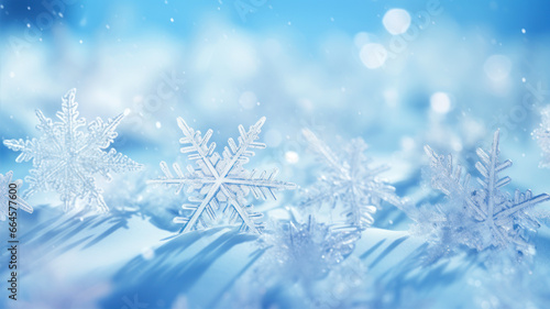 Snowflakes on blue bokeh background. © Alex