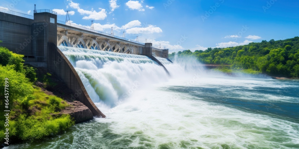 Hydroelectric dam generating green energy from flowing water.
