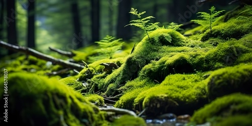 Green moss closeup, with a backdrop of woodland.  Forest in the national park.