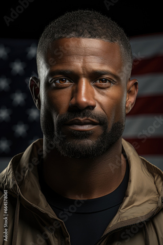 Portrait of a middle-aged african american man with the american flag as the backdrop.
