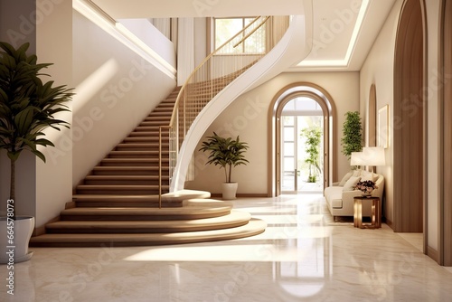 The interior design of the modern entrance hall with a staircase in the villa. © MstHafija