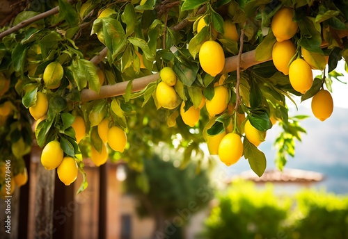 Lemons growing in a sunny garden on Amalfi coast in Italy.