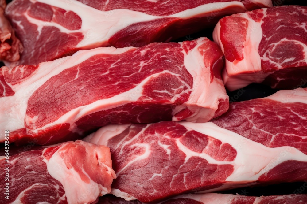 Macro shot of pork meat. Meat textured background. Beef steak is raw and juicy.