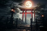 Nighttime scene of an ancient Japanese shrine enveloped in fog, featuring a traditional red torii gate and wooden lantern. Generative AI
