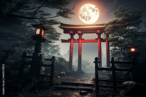 Nighttime scene of an ancient Japanese shrine enveloped in fog, featuring a traditional red torii gate and wooden lantern. Generative AI