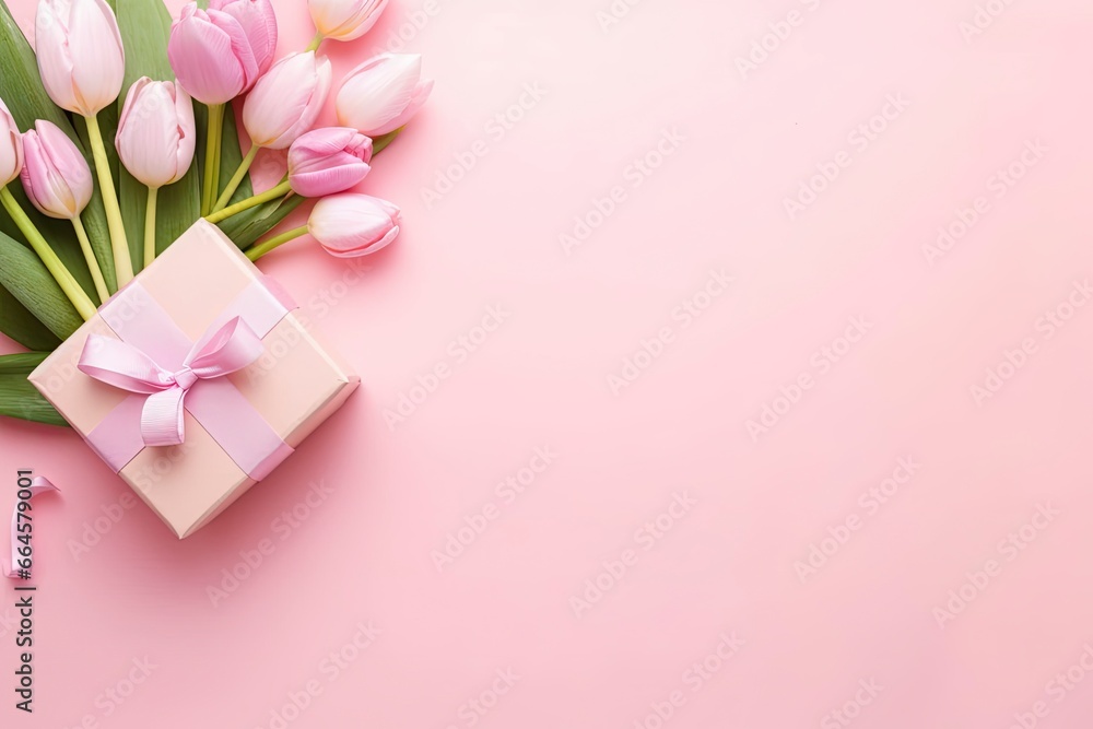Pink gift box with ribbon bow and bouquet of tulips on isolated pastel pink background. Pink gift box with ribbon bow and bouquet of tulips on isolated pastel pink background.