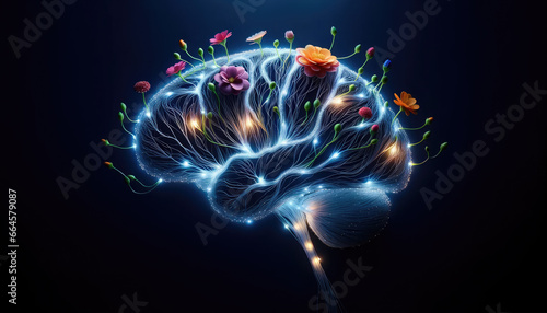 Blooming human brain with flowers and buds. Glowing neural paths. Blooms of knowledge in a luminous mind