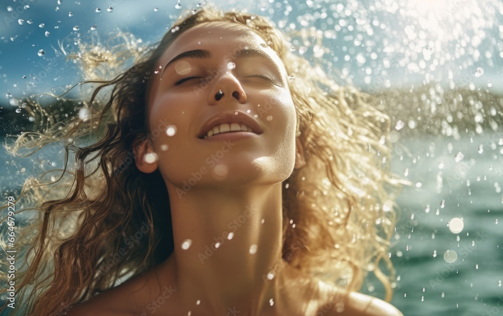 Water splashes on a sunny background and a woman with water beading off her face